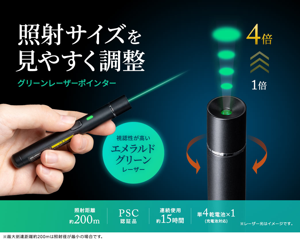 照射サイズを見やすく調整 グリーンレーザーポインター