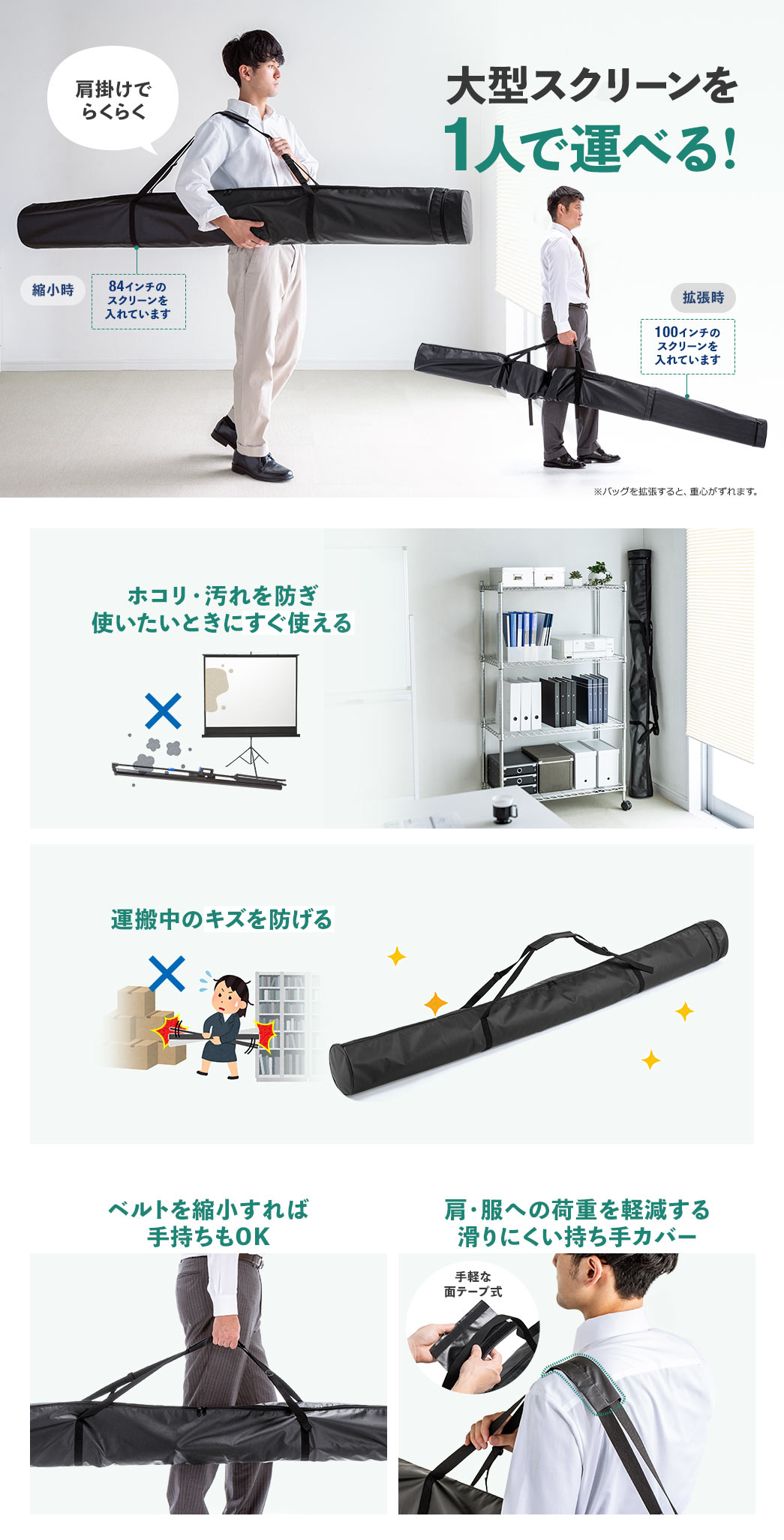 大型スクリーンを1人で運べる！ ホコリ・汚れを防ぎ使いたいときにすぐ使える 運搬中のキズを防げる ベルトを縮小すれば手持ちもOK 肩・服への荷重を軽減する滑りにくいまとめパーツ