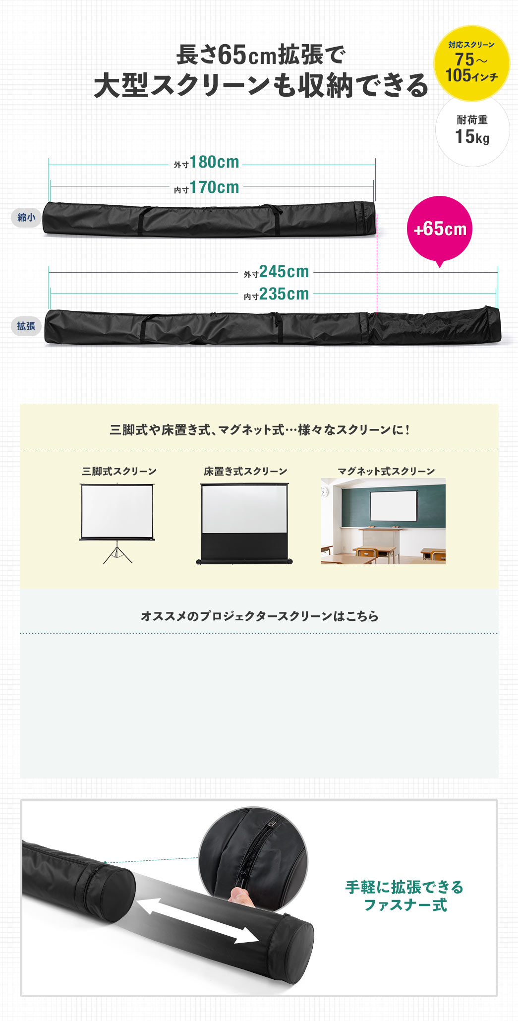 長さ65cm拡張で大型スクリーンも収納できる 三脚式や床置き式、マグネット式…様々なスクリーンに！