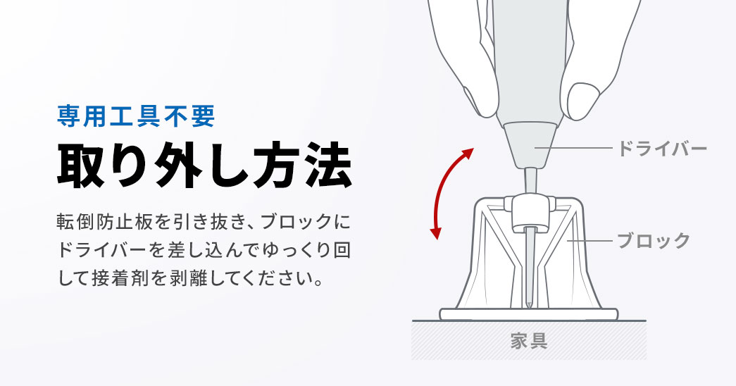 専用工具不要の取り外し方法。転倒防止板を引き付き、ブロックにドライバーを差し込んでゆっくり回して接着剤を剥離してください。
