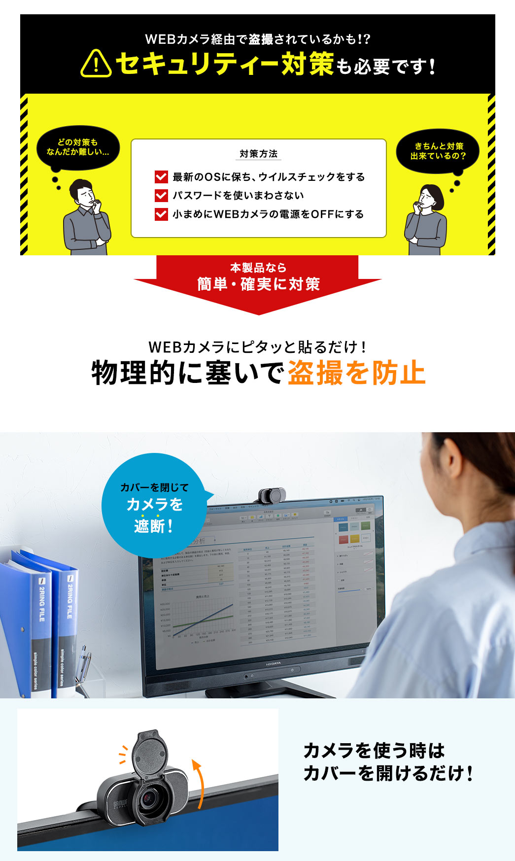 WEBカメラ経由で盗撮されているかも！？セキュリティー対策が必要です！ WEBカメラにピタッと貼るだけ！物理的に塞いで盗撮を防止 カメラを使う時はカバーを開けるだけ！