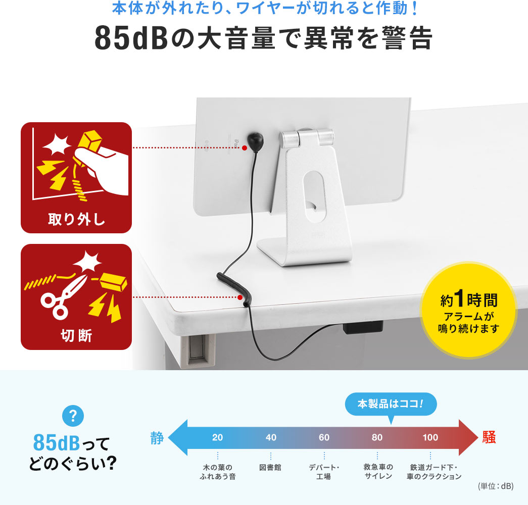 本体が外れたり、ワイヤーが切れると作動！85dBの大音量で異常を警告