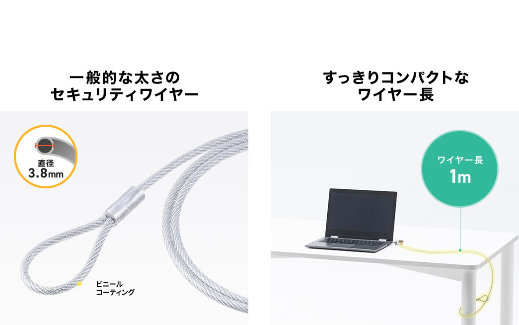 一般的な太さのセキュリテイワイヤー すっきりコンパクトなワイヤー長