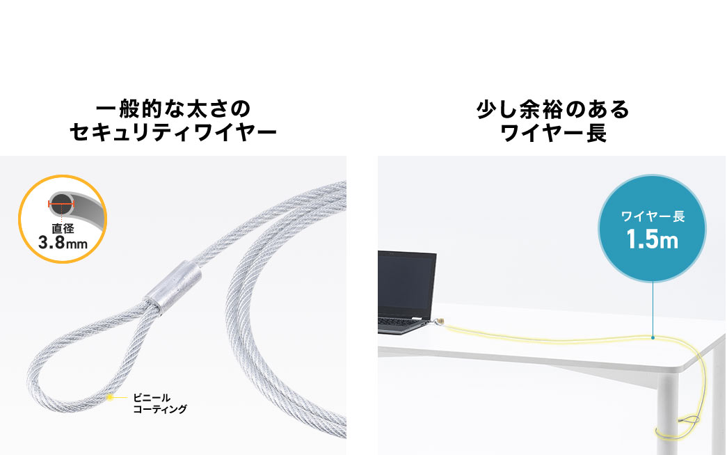 一般的な太さのセキュリテイワイヤー 少し余裕のあるワイヤー長