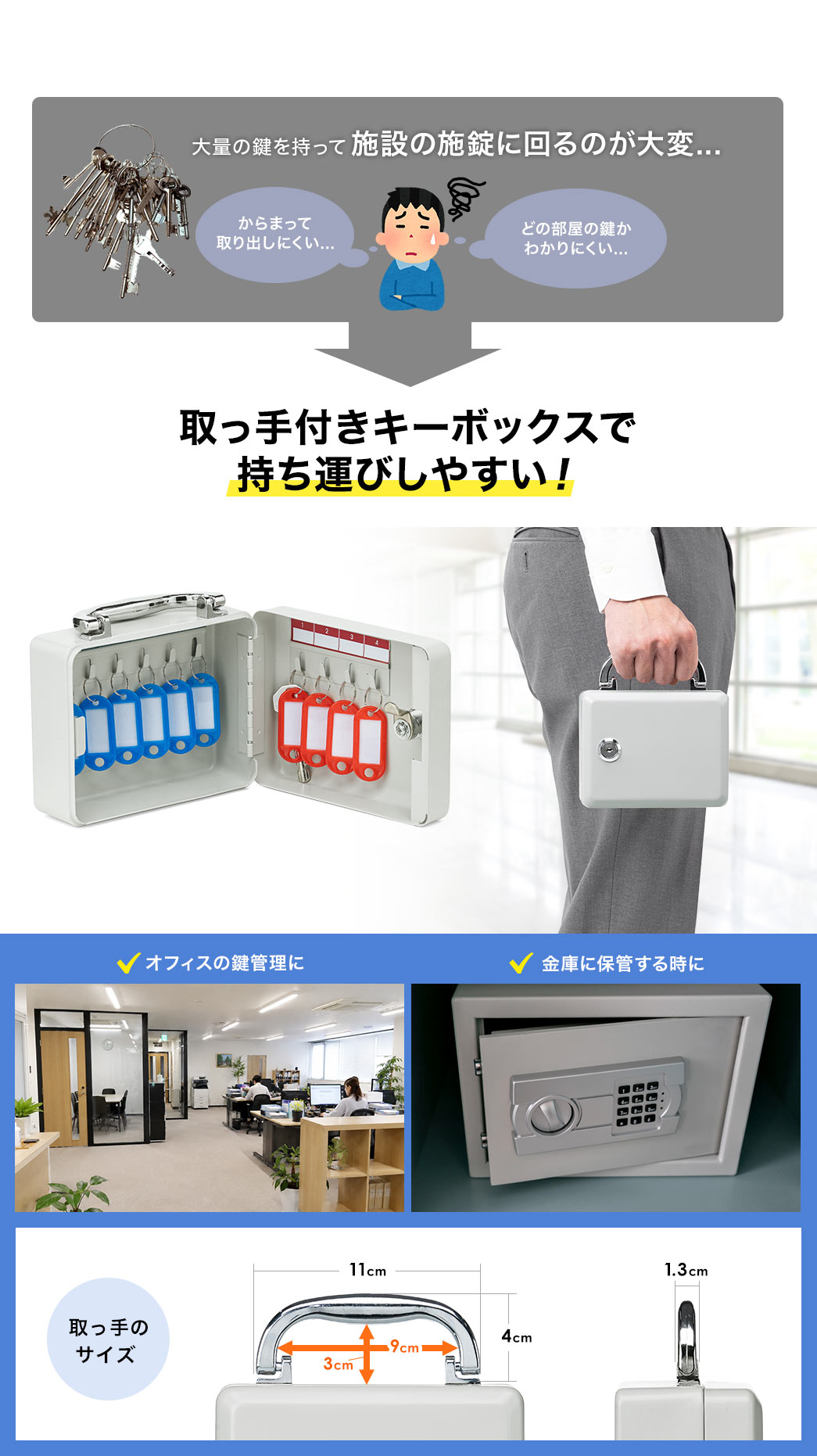 大量の鍵を持って施設の施錠に回るのが大変...そんなお悩みを本製品で解決！取っ手付きキーボックスで持ち運びしやすい！オフィスの鍵管理や金庫に保管する時におすすめです。