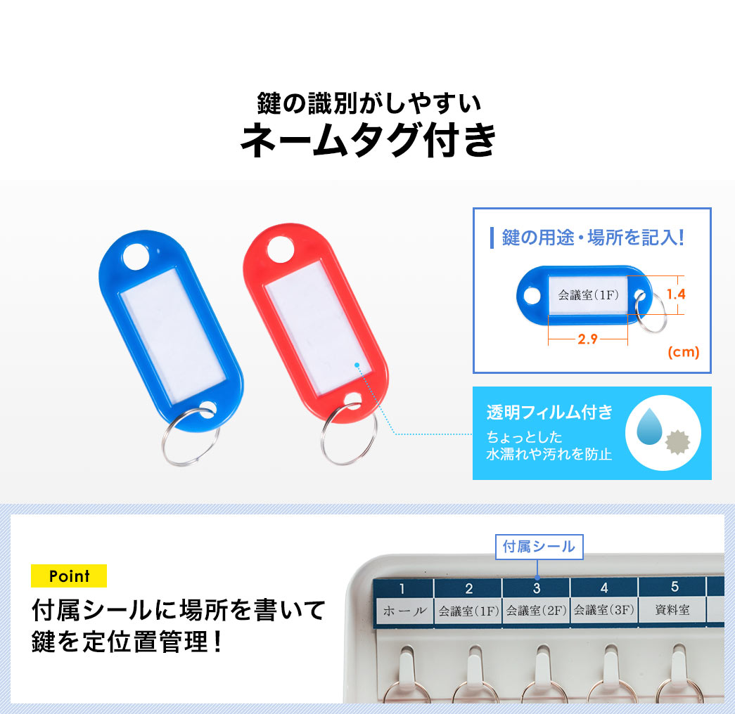 鍵の識別がしやすいネームタグ付き。付属シールに場所を書いて鍵を定位置管理！