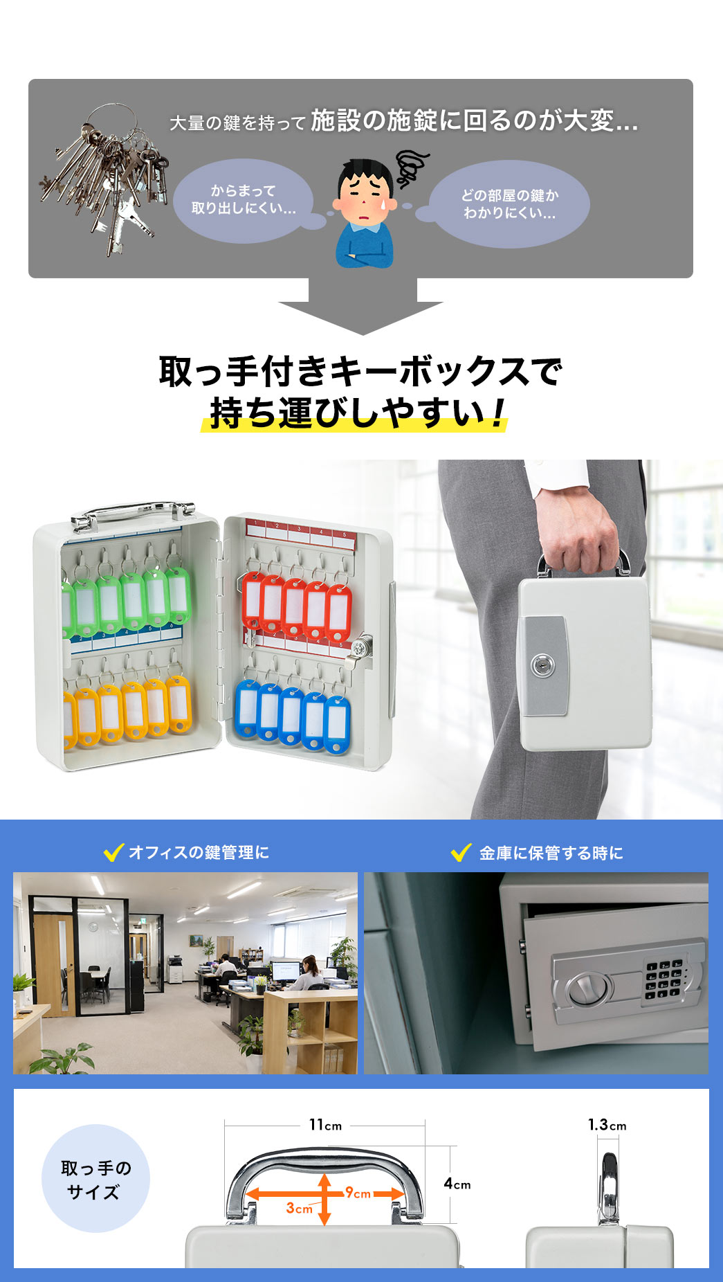 大量の鍵を持って施設の施錠に回るのが大変...そんなお悩みを本製品で解決!取っ手付きキーボックスで持ち運びしやすい!オフィスの鍵管理や金庫に保管する時におすすめです。