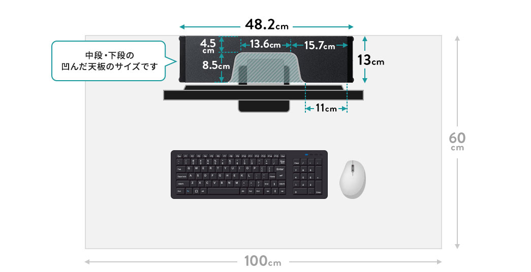 中段・下段の凹んだ天板のサイズです