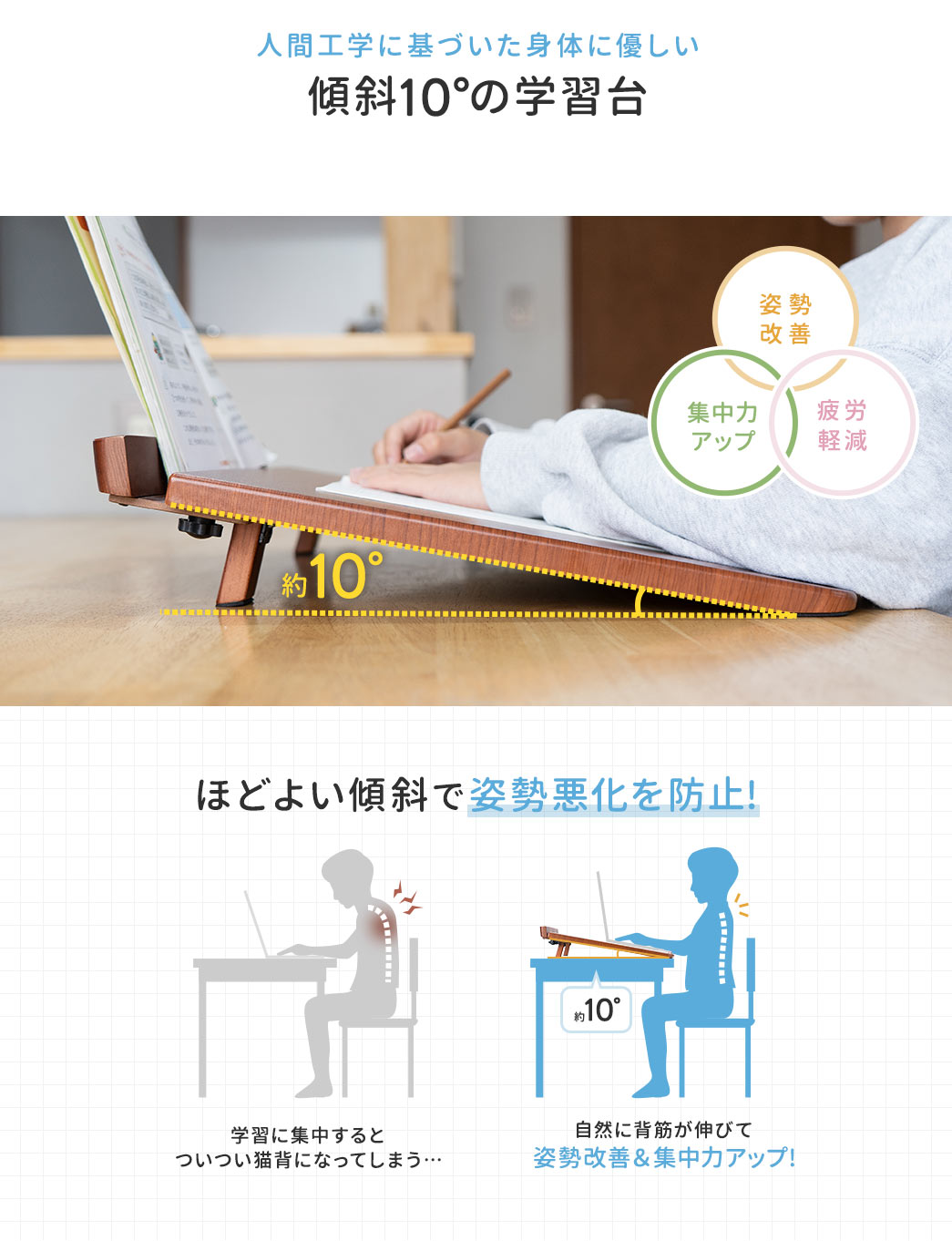 人間工学に基づいた身体に優しい傾斜10°の学習台