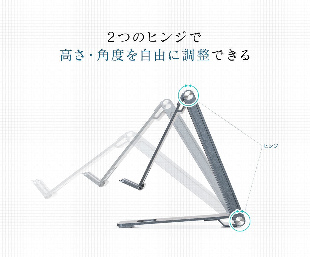 2つのヒンジで高さ・角度を自由に調整できる