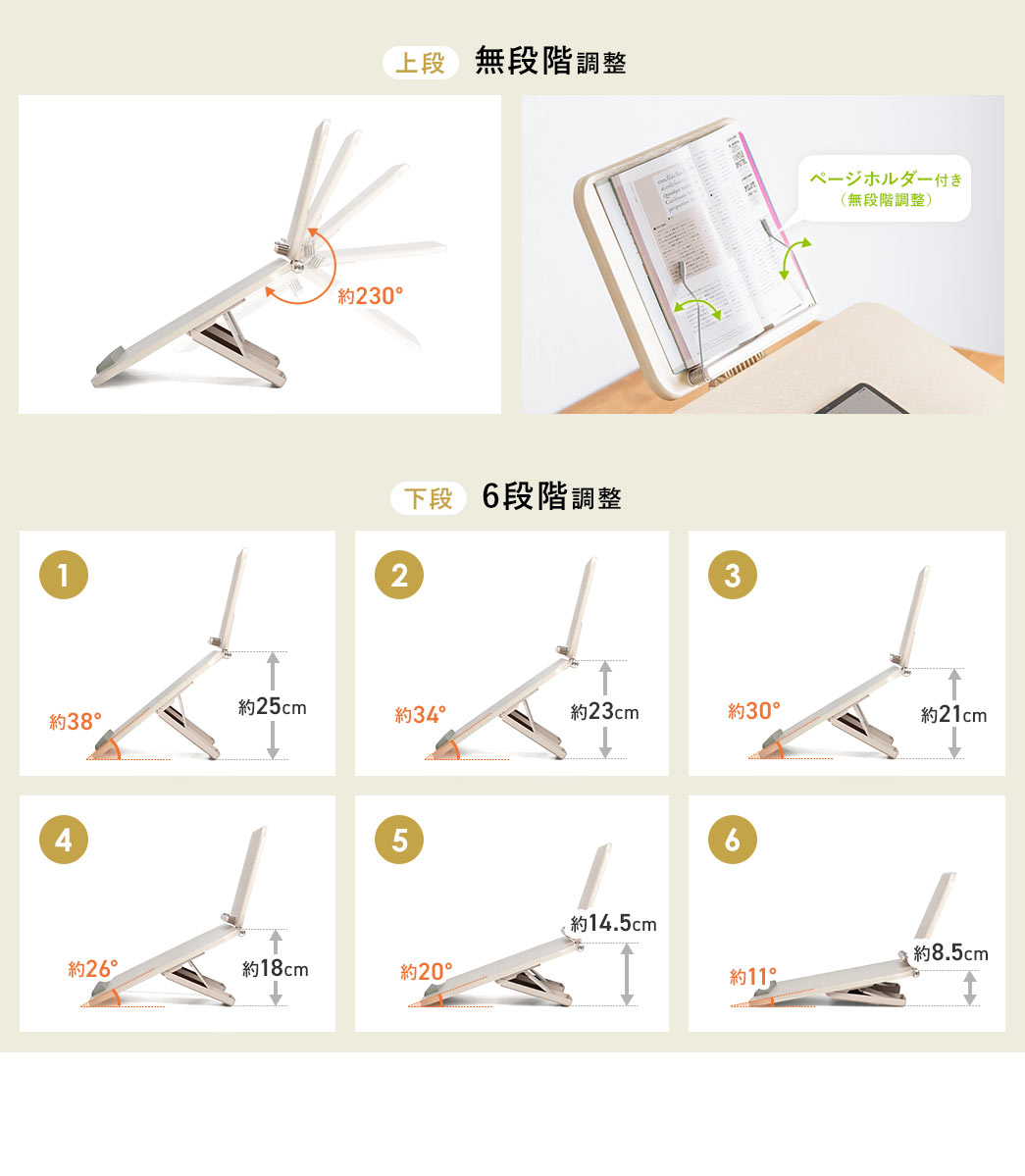 上段は約230°まで無段階で角度調整が可能で、ページホルダー付きです。下段は、約38°、約34°、約30°、約26°、約20°、約11°の6段階調整です。