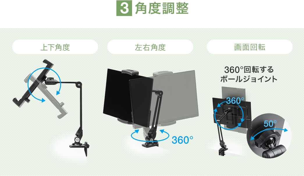 角度調整は上下角度、左右角度、画面回転で調整できます。