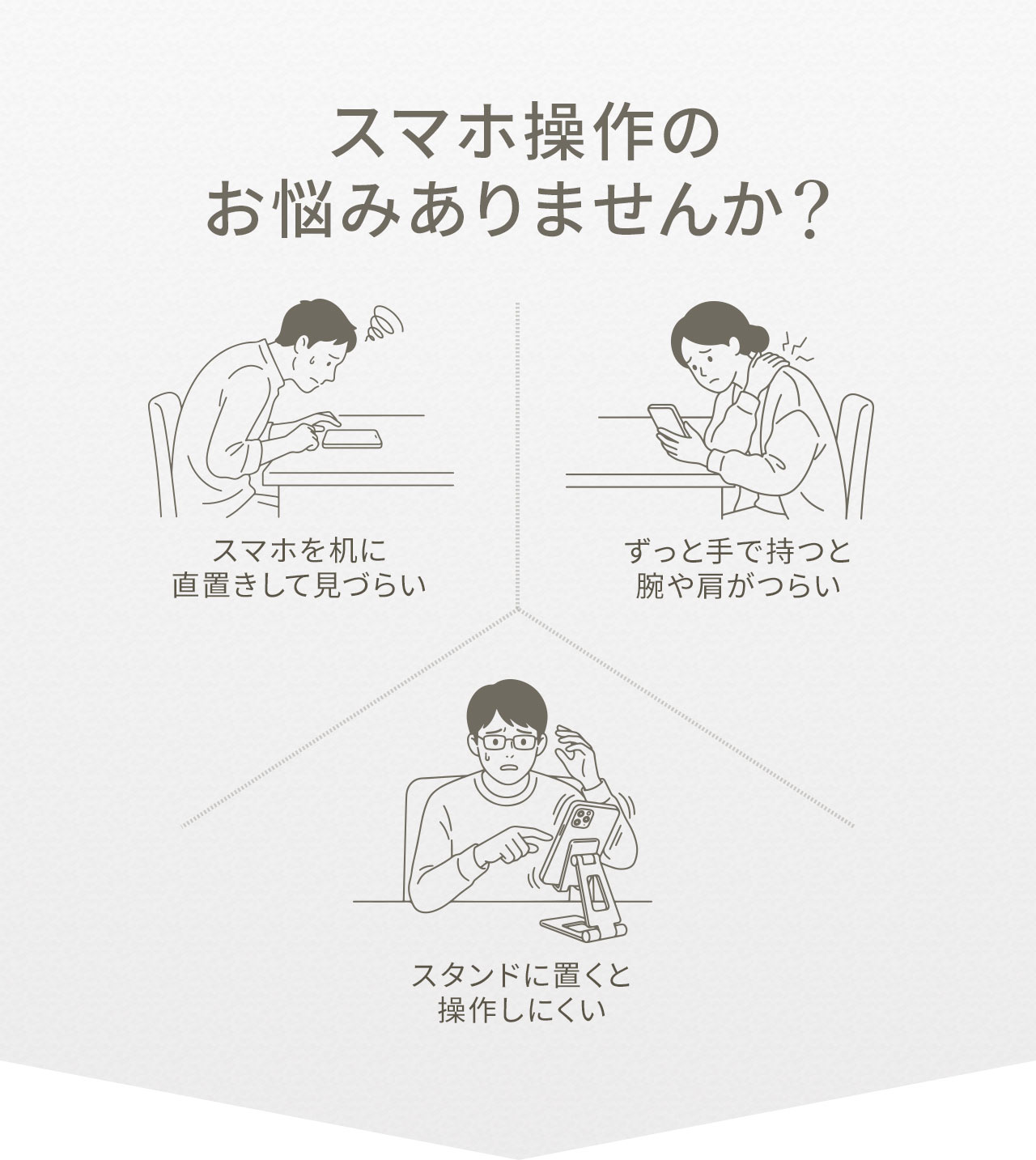 スマホを机に直置きして見づらい、ずっと手で持つと腕や肩がつらいなどの、スマホ操作のお悩みありませんか？