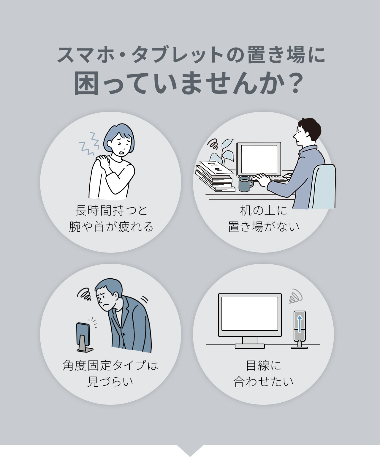 机の上に置き場がない、長時間持つと腕や首が疲れる、角度固定タイプは見づらいなどスマホ・タブレットの置き場に困っていませんか？