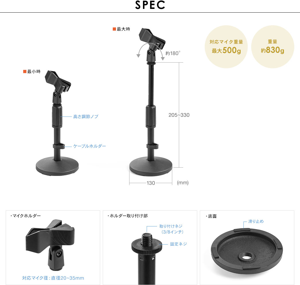 SPEC 対応マイク重量最大500g 重量約830g