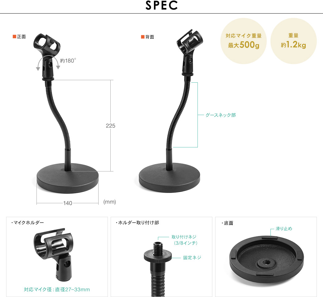 SPEC 対応マイク重量最大500g　重量約1.2kg