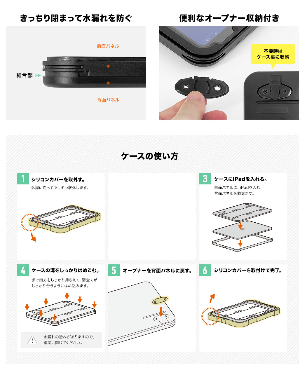 きっちり閉まって水漏れを防ぐ 開けるときに便利なオープナー付き ケースの使い方