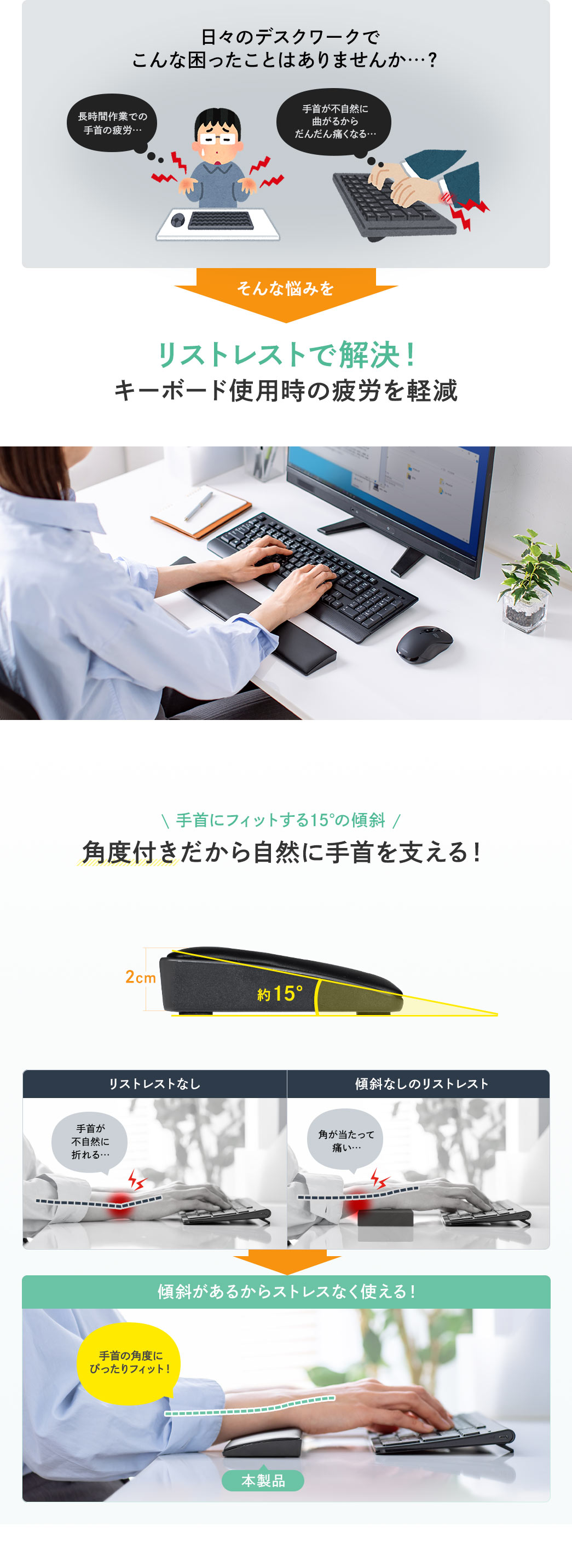 日々のデスクワークでこんな困ったことはありませんか…？ そんな悩みをリストレストで解決！キーボード使用時の疲労を軽減 角度付きだから自然に手首を支える！ 