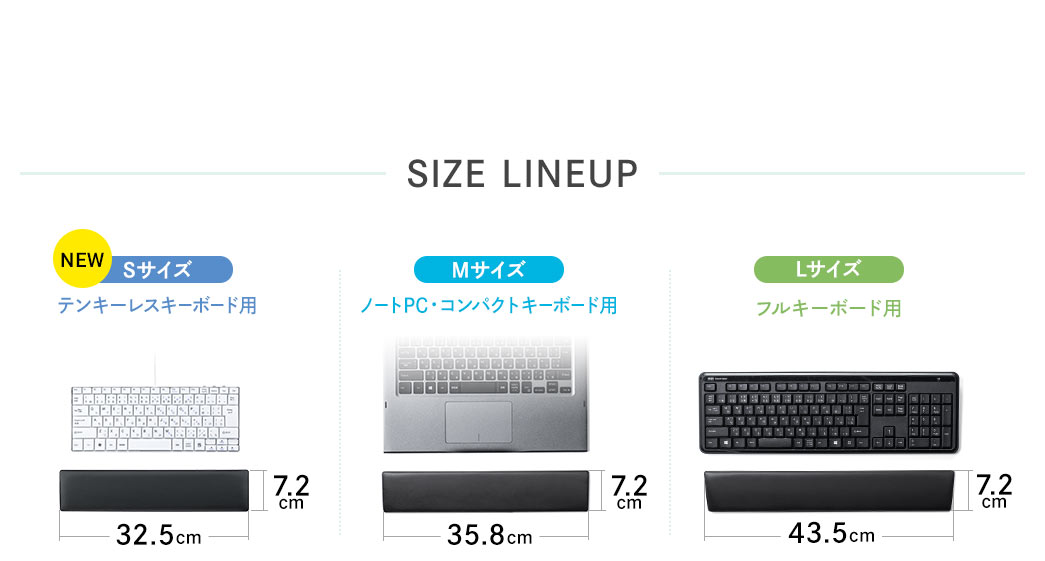 SIZE LINEUP。テンキーレスキーボード用、Sサイズ、ノートPC・コンパクトキーボード用、Mサイズ、フルキーボード用、Lサイズ。