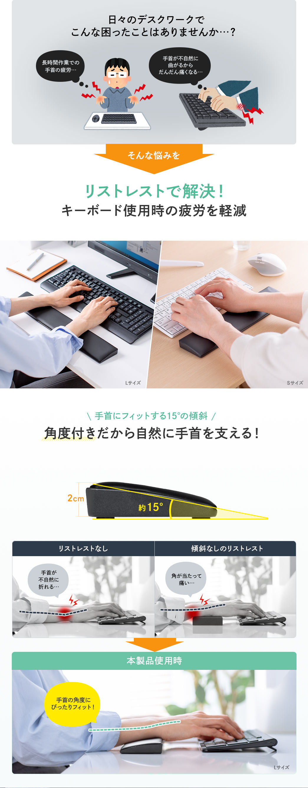 日々のデスクワークでこんな困ったことはありませんか...？ そんな悩みをリストレストで解決！キーボード使用時の疲労を軽減します。さらに、手首にフィットする15°の傾斜で自然に手首を支えます。