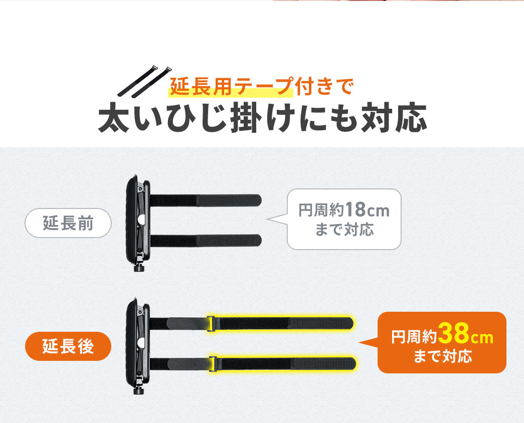 延長用テープ付きで太いひじ掛けにも対応します。延長前は、円周約18cmまで対応、延長後は、円周約38cmまで対応します。