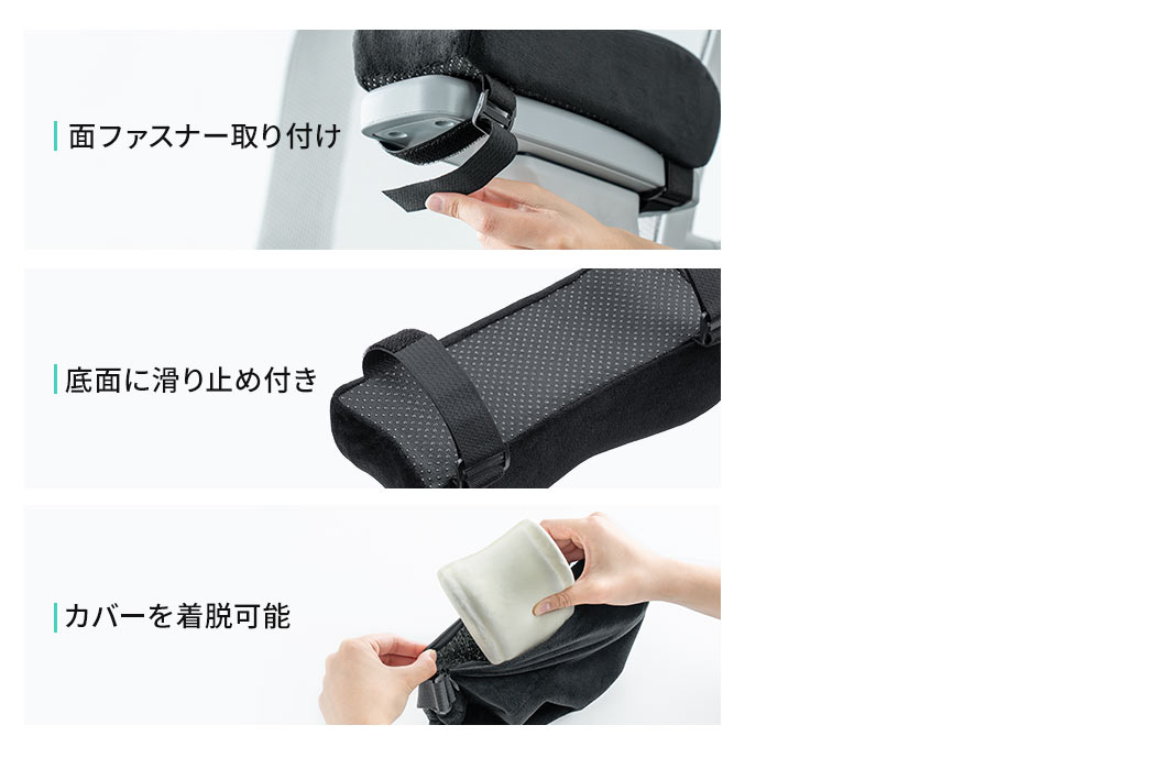 面ファスナー取り付けで、底面に滑り止め付き、カバーの着脱が可能です。