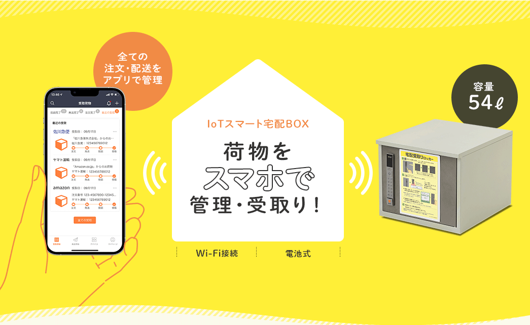 すべての注文・配送をアプリで管理 IoTスマート宅配BOX 荷物をスマホで管理・受け取り 容量54L