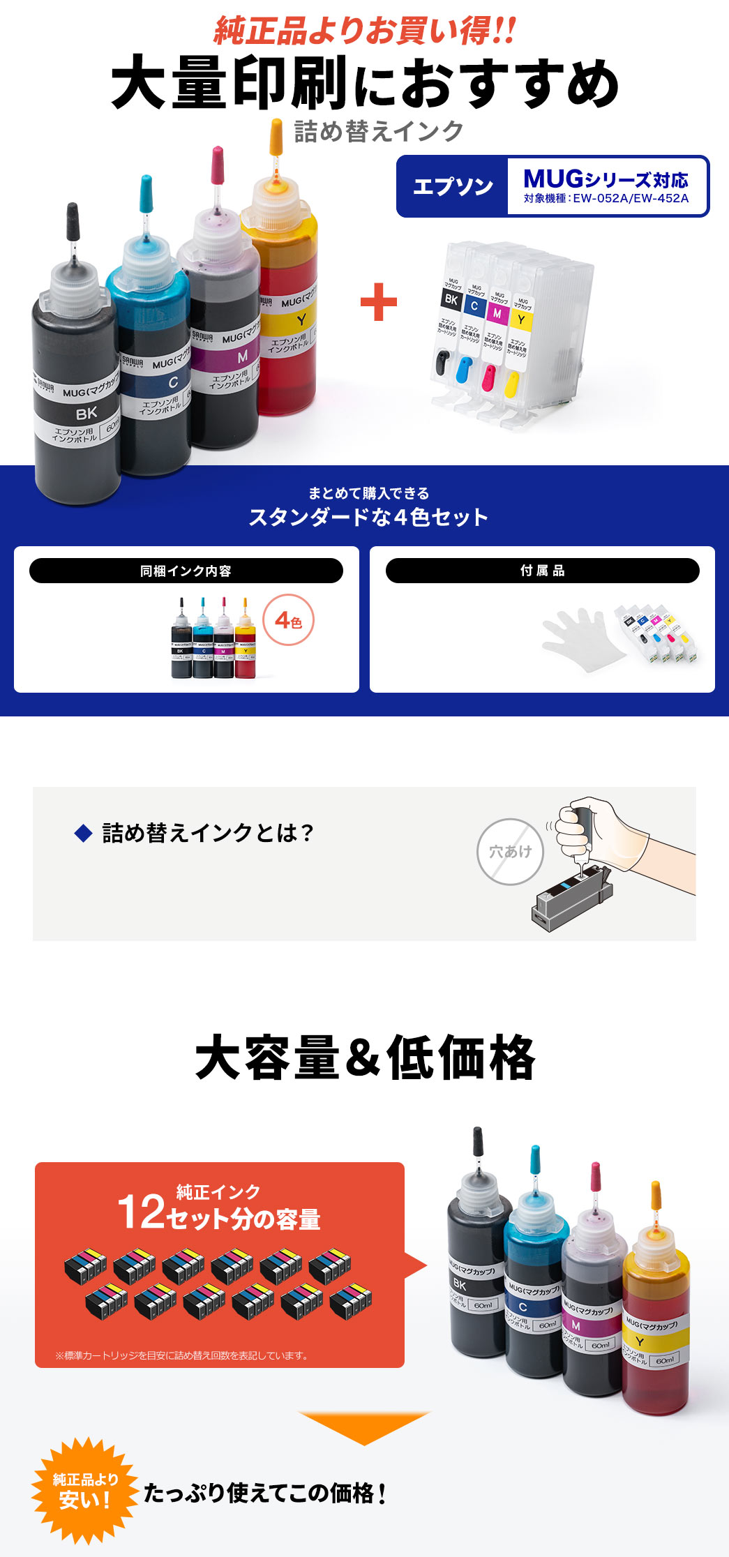 大量印刷におすすめ詰め替えインク まとめて購入できるスタンダードな４色セット 同梱インク内容  付属品 詰め替えインクとは？ 大容量＆低価格 純正インク12セット分の容量 純正品より安い！ たっぷり使えてこの価格！