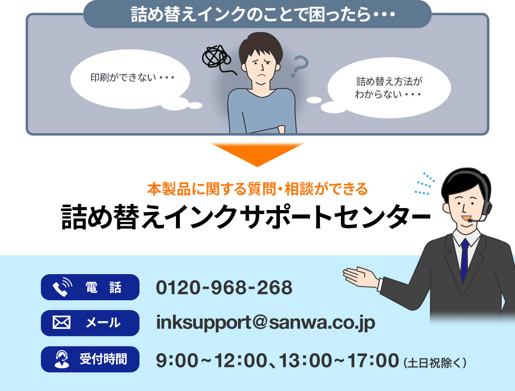 詰め替えインクのことで困ったら・・・ 印刷ができない・・・詰め替え方法がわからない・・・ 本製品に関する質問・相談ができる 電話 0120-968-268 メール inksupport@sanwa.co.jp 受付時間 9:00~12:00、13:00~17:00（土日祝除く）