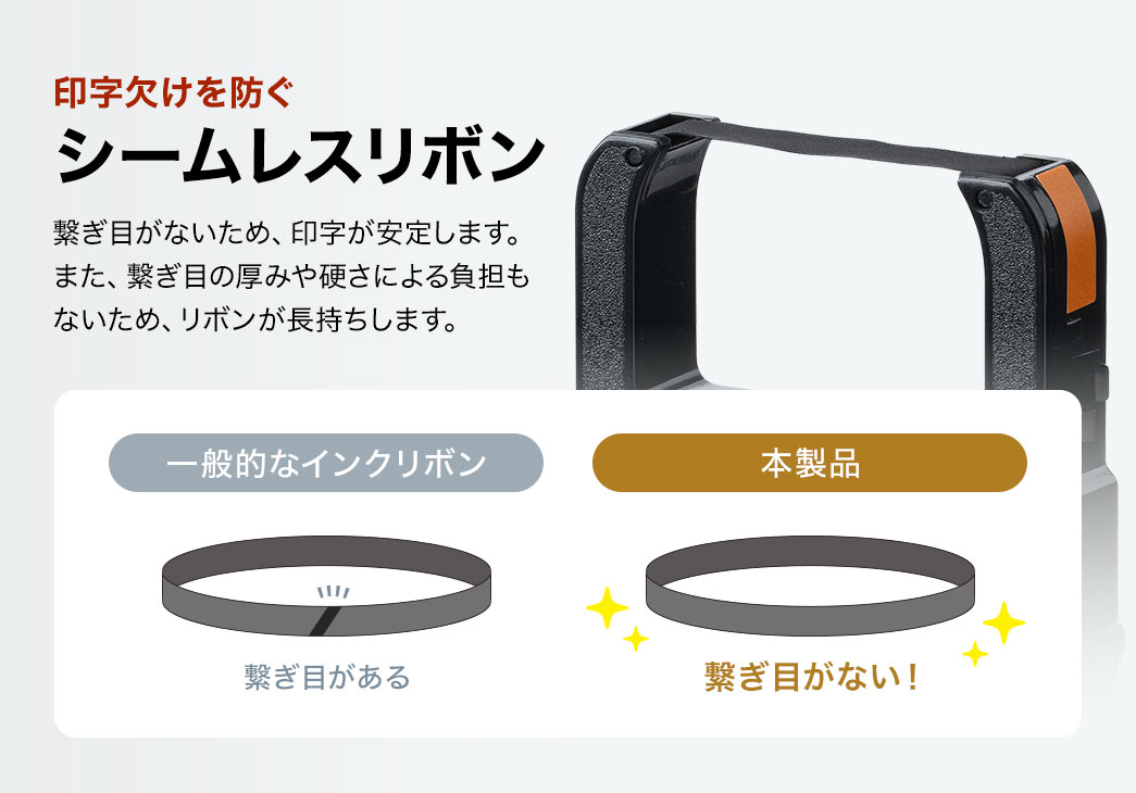 印字欠けを防ぐシームレスリボン。繋ぎ目がないため、印字が安定します。また、繋ぎ目の厚みや硬さによる負担もないため、リボンが長持ちします。