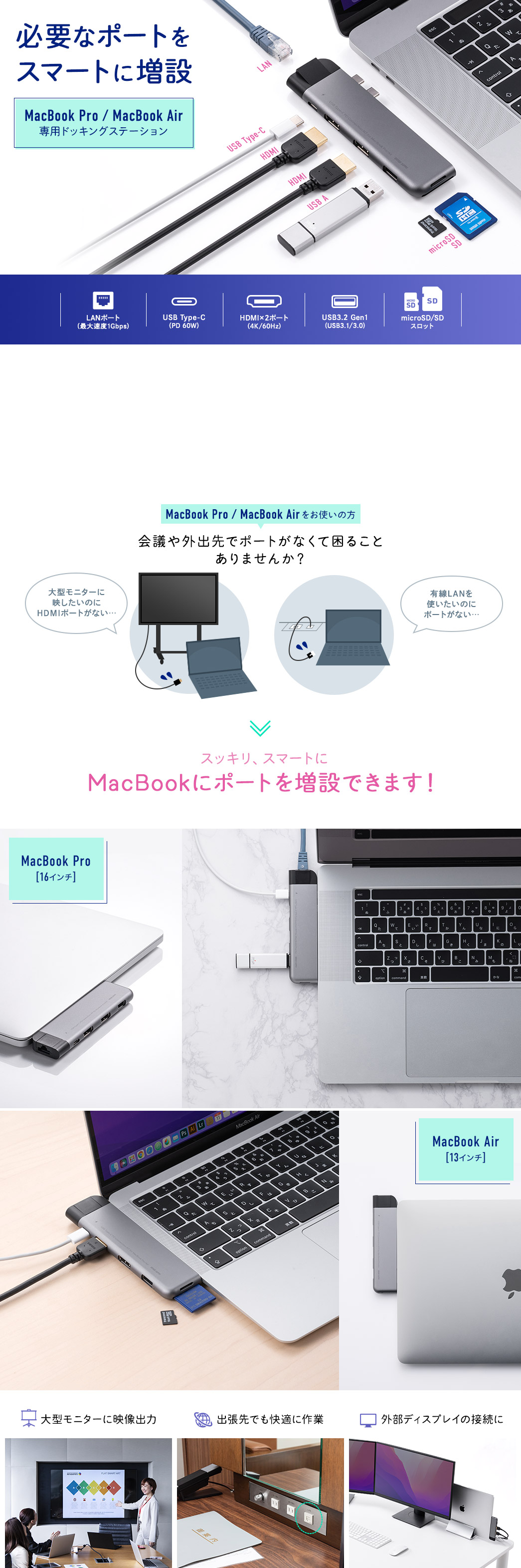 必要なポートをスマートに増設 MacBook Pro / MacBook Air 専用ドッキングステーション 会議や外出先でポートがなくて困ることて困ること スッキリ、スマートにMacBookにポートを増設できます！