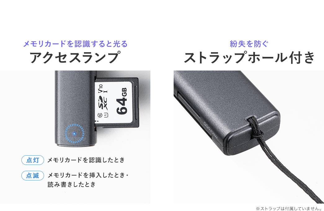 メモリカードを認識すると光る アクセスランプ 紛失を防ぐ ストラップホール付き