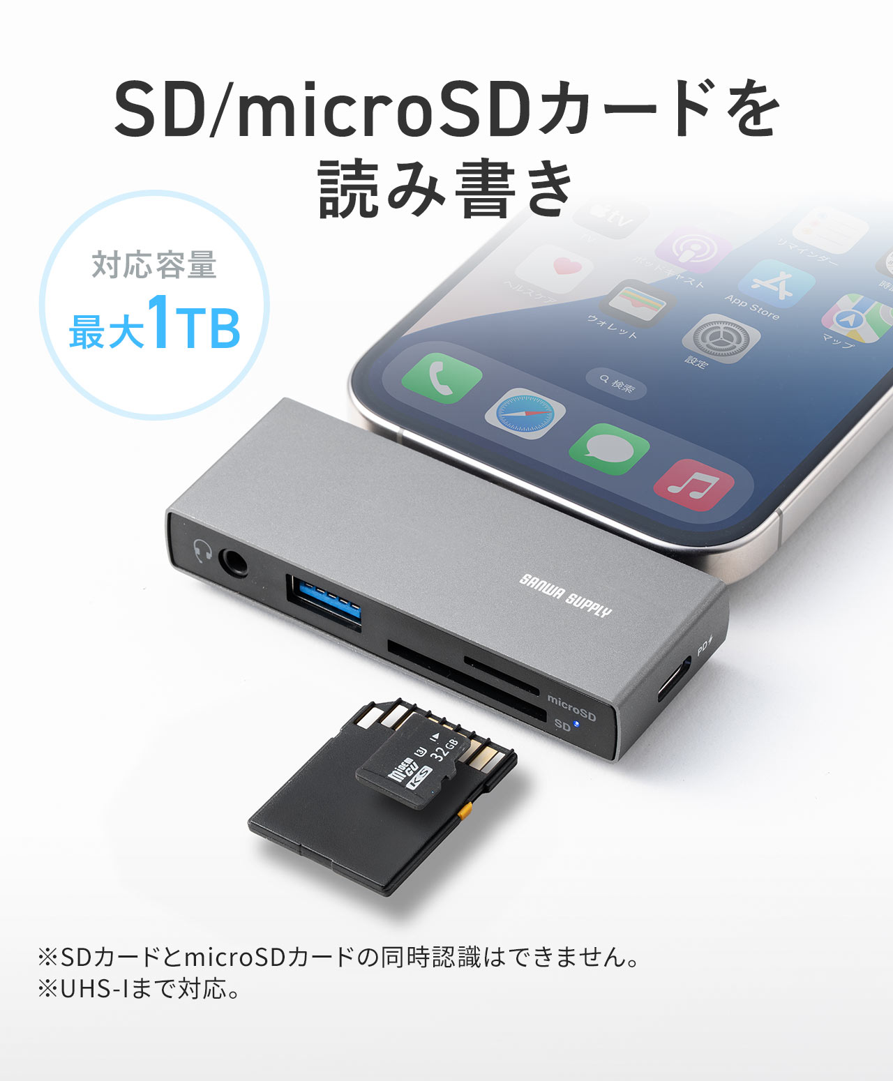 容量1TBまでのSD/microSDカードの読込みと書き込みができます。※SDカードとmicroSDカードの同時認識はできません。※UHS-Iまで対応。