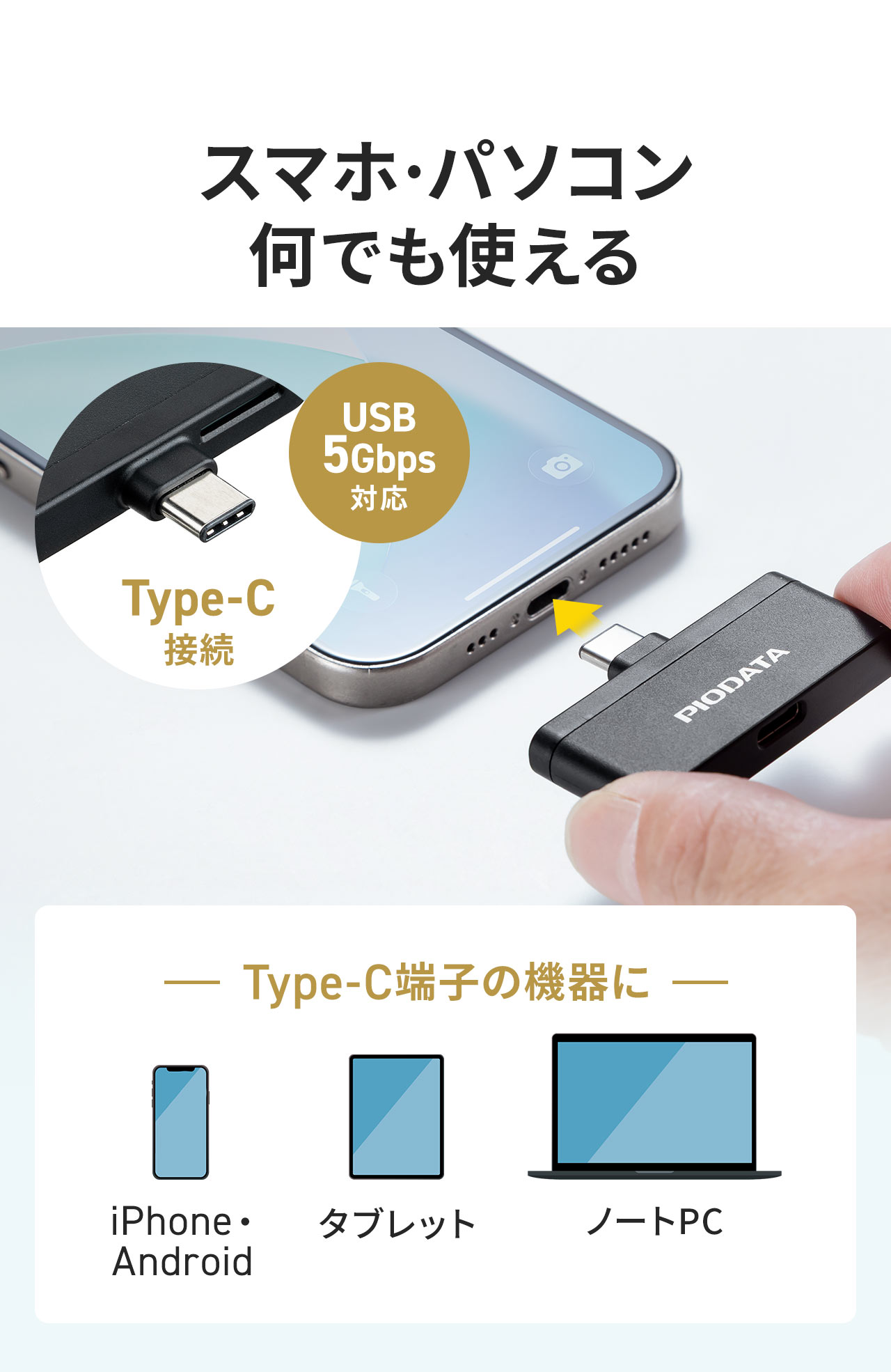 Type-C端子の機器ならスマホでもパソコンでも何でも使用できます。USB 5Gbpsに対応しています。