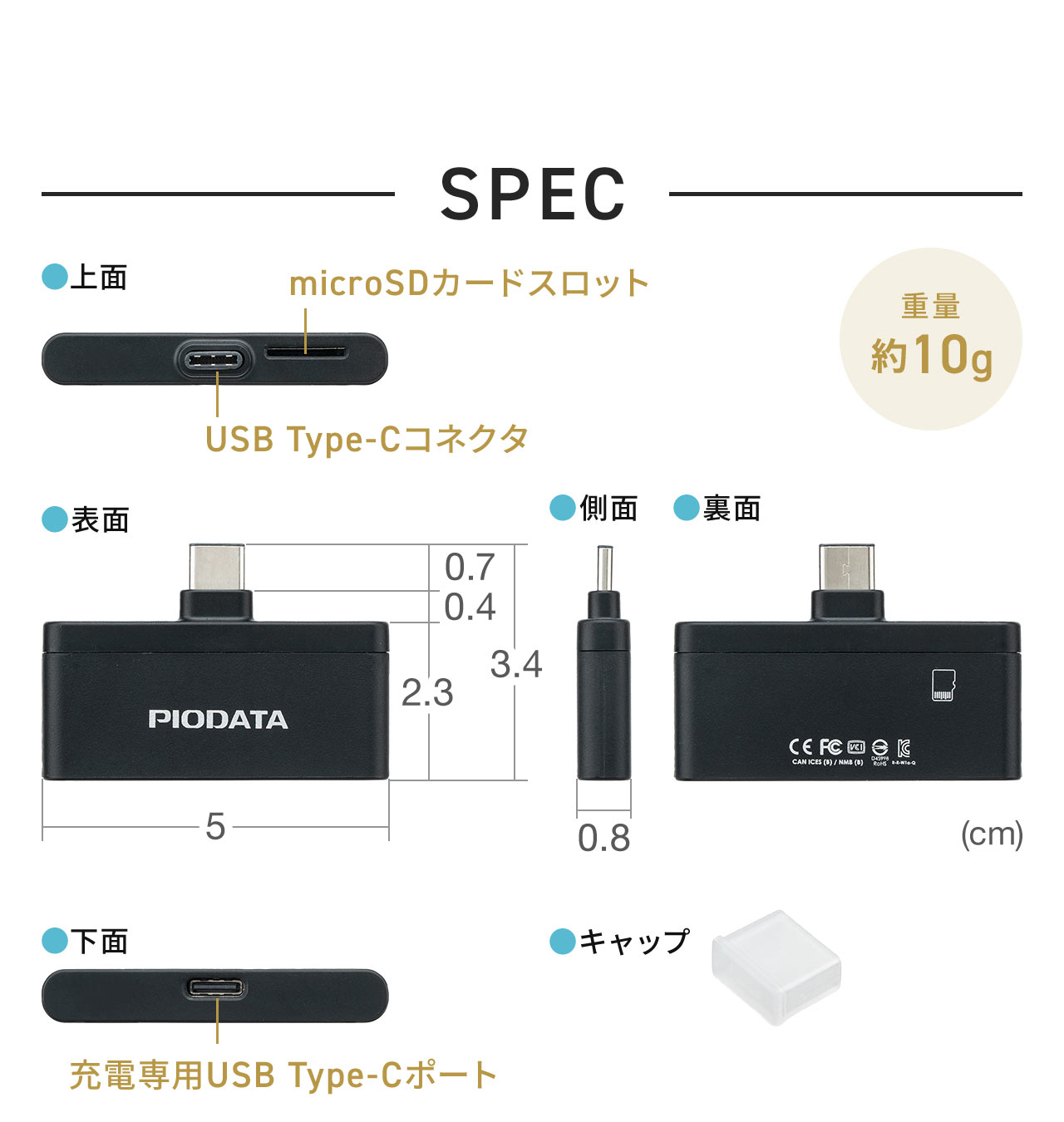 SPEC:本体サイズは幅5cm×奥行き3.4cm×高さ0.8cm。重量は約10gで端子を保護するキャップ付きです。