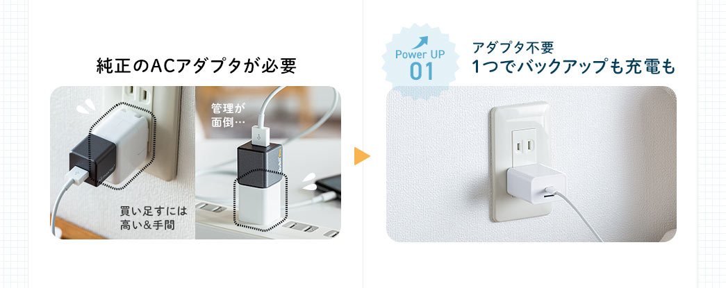 Power UP 01　アダプタ不要 1つでバックアップも充電も