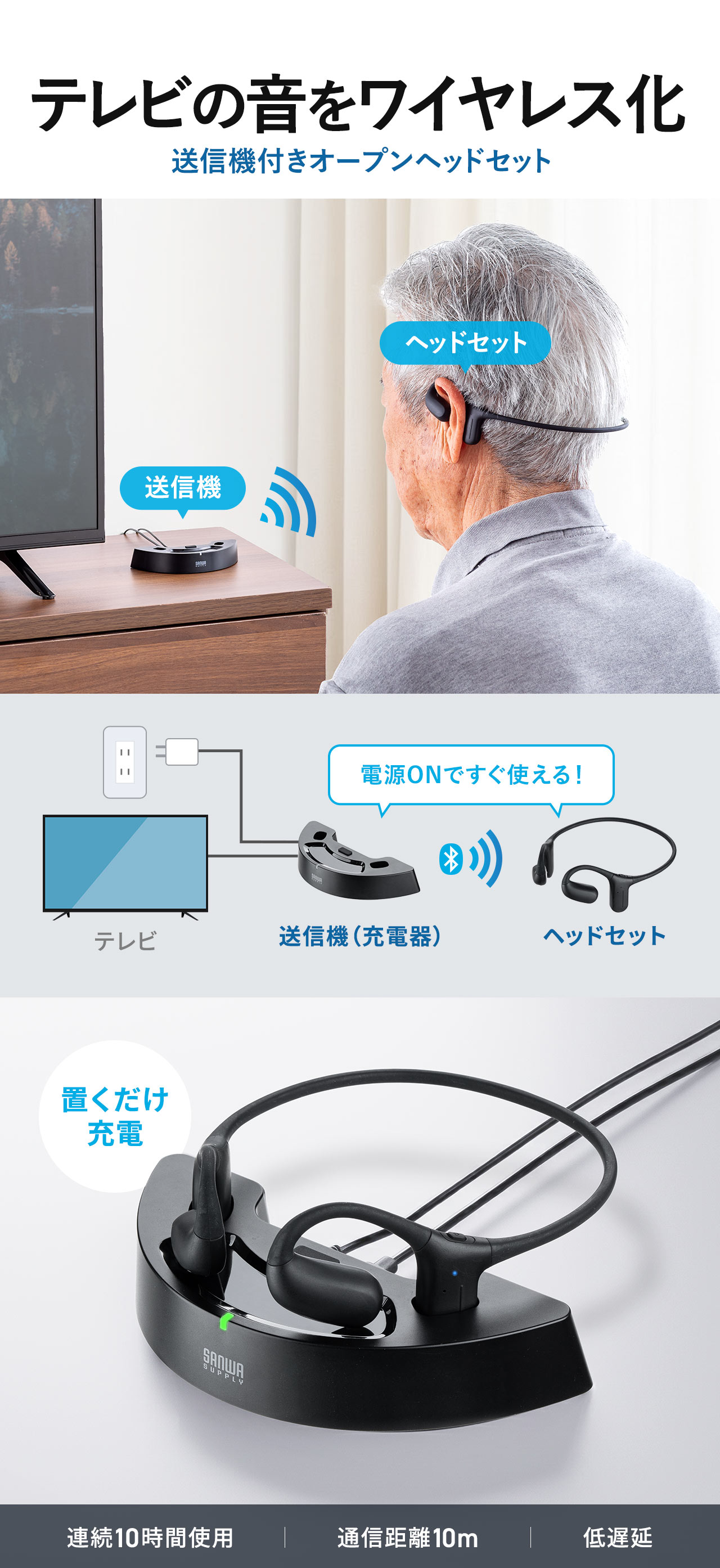 テレビの音をワイヤレス化、送信機付きオープンヘッドセット。置くだけで充電でき、電源ONですぐ使えます。連続10時間使用、通信距離10mの低遅延仕様です。