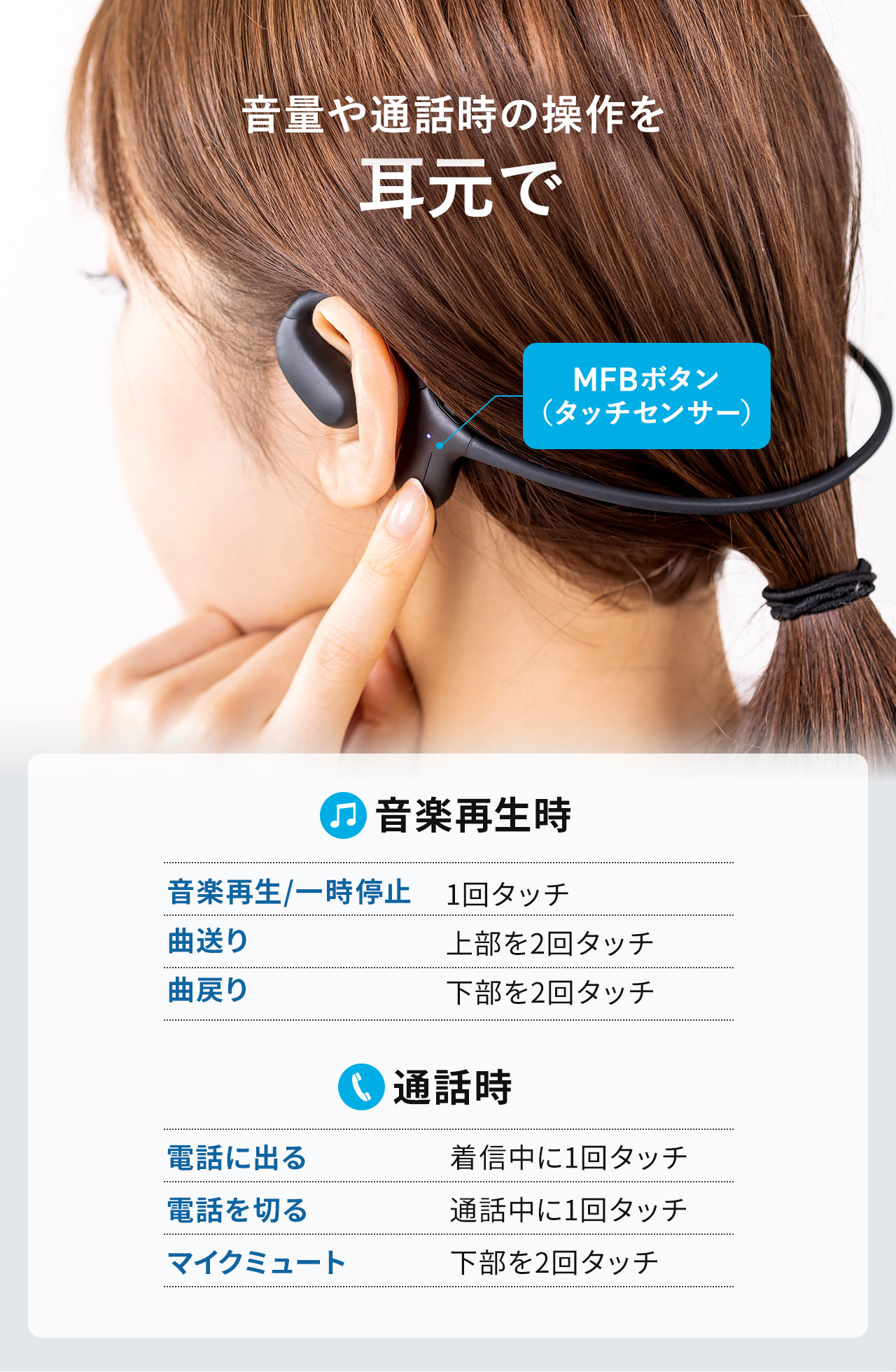 耳元で音量や通話時の操作。音楽再生時、1回タッチで、音楽再生/一時停止。上部を2回タッチで、曲送り。下部を2回タッチで、曲戻り。通話時、着信中に1回タッチで、電話に出る。通話中に1回タッチで、電話を切る。下部を2回タッチで、マイクミュート。