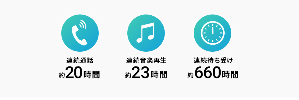 連続通話約20時間 連続音楽再生約23時間 連続待ち受け約660時間