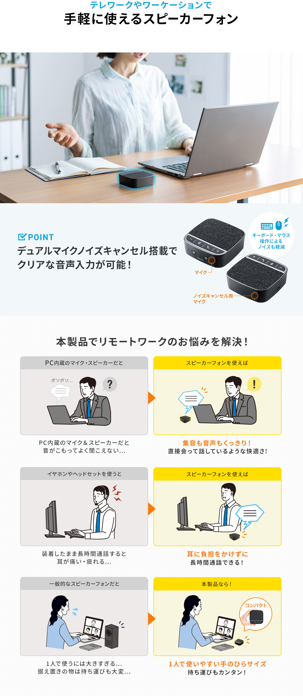 テレワークやワーケーションで手軽に使えるスピーカーフォン デュアルマイク搭載でクリアな音声入力が可能！ 本製品でリモートワークのお悩みを解決！