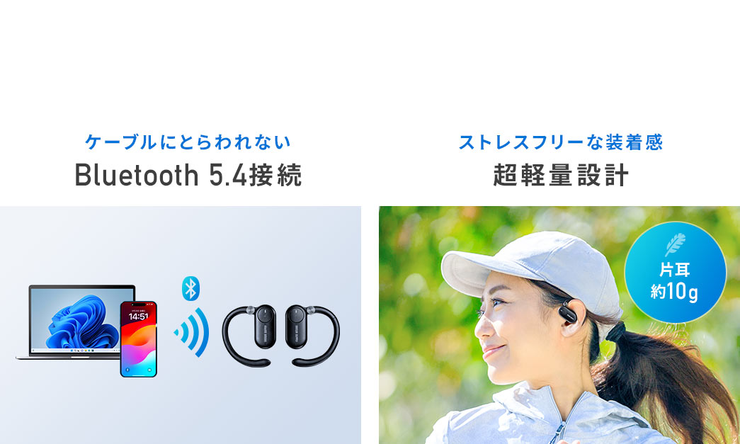 ケーブルにとらわれないBluetooth5.4接続 ストレスフリーな装着感超軽量設計