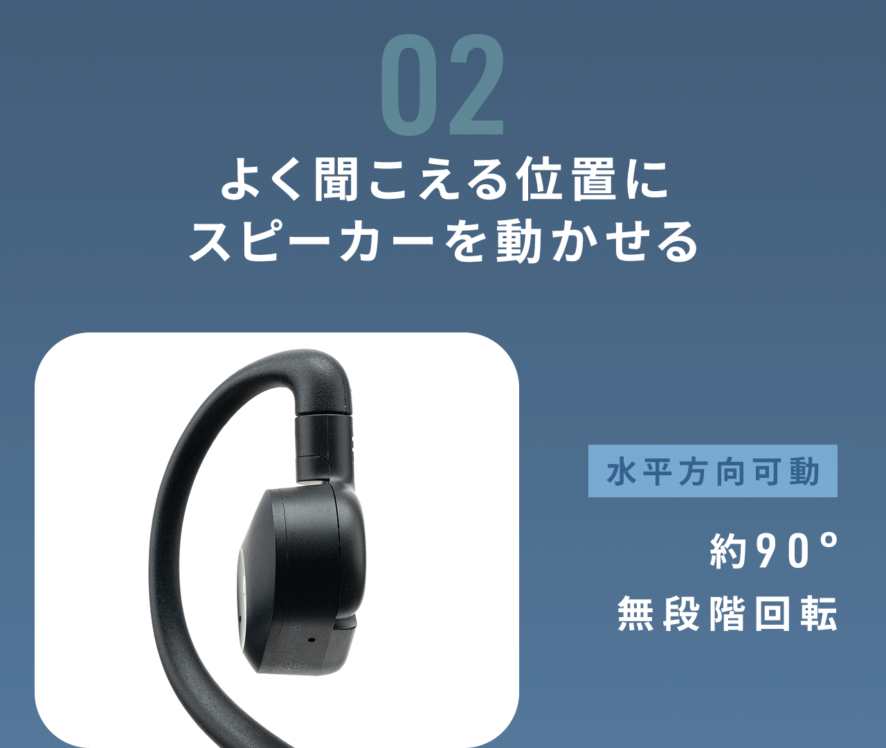 02、よく聞こえる位置にスピーカーを動かせます。水平方向可動、約90°で、無段階の回転が可能です。