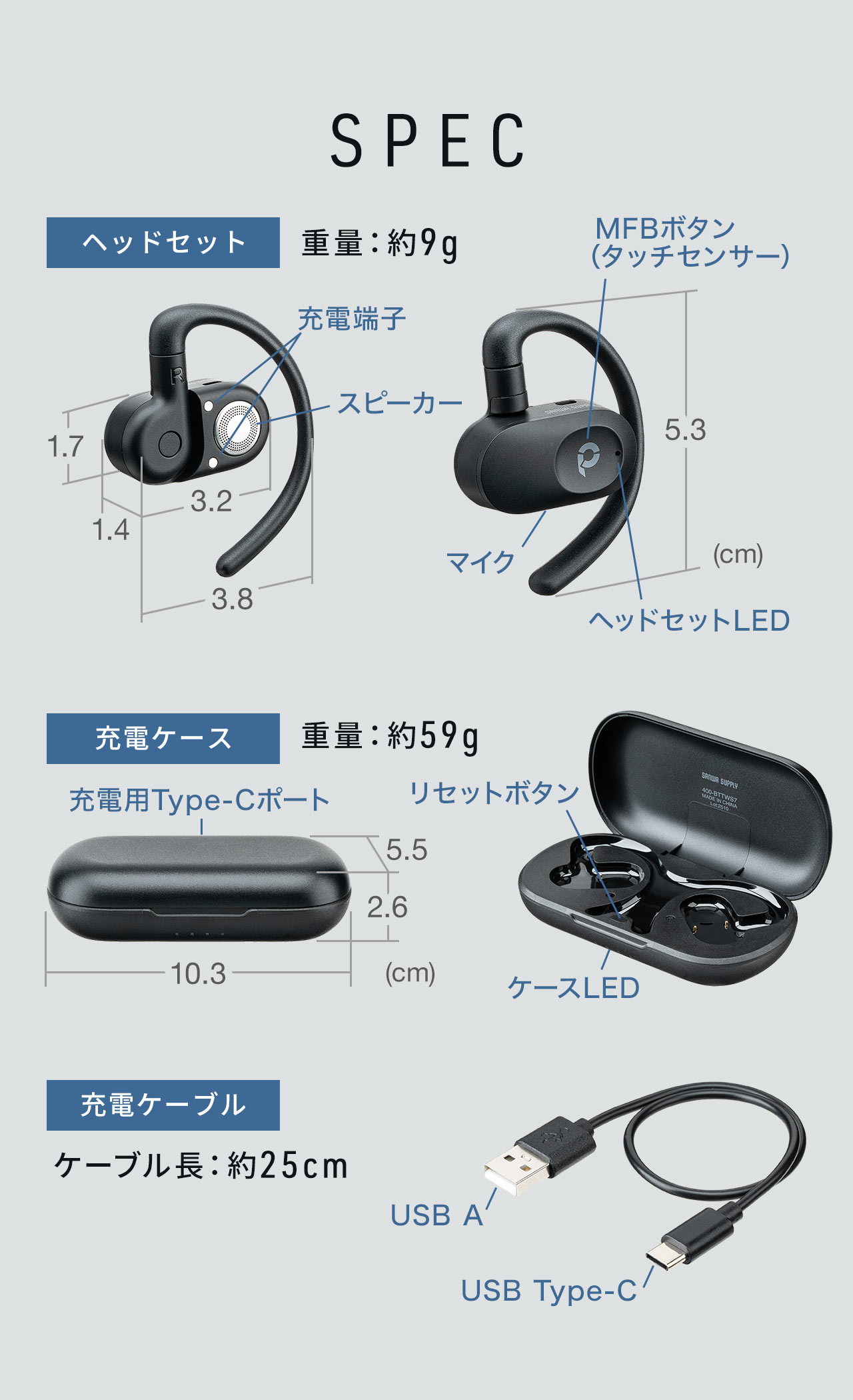 SPEC、ヘッドセット、重量：約9g、充電ケース、重量：約59g、充電ケーブル、ケーブル長：約25cm。
