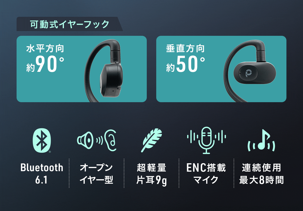 Bluetooth6.1搭載、耳をふさがないオープンイヤー型で、イヤーフックは可動式です。超軽量片耳9gで、ENC搭載のマイク、連続使用最大8時間。