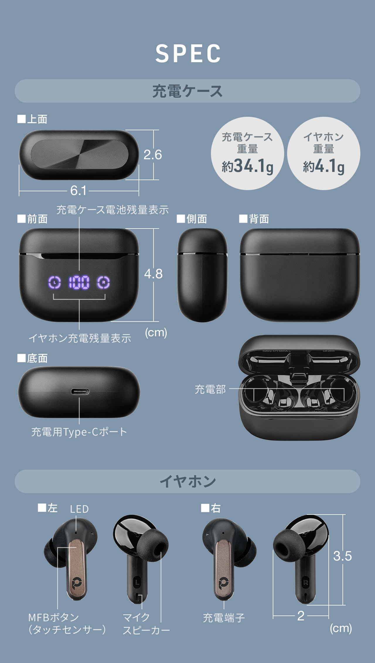 SPEC：充電ケースは幅6.1cm×奥行き2.5cm×高さ4.7cm。充電ケース重量約34.1g。イヤホン重量は約4.1g。