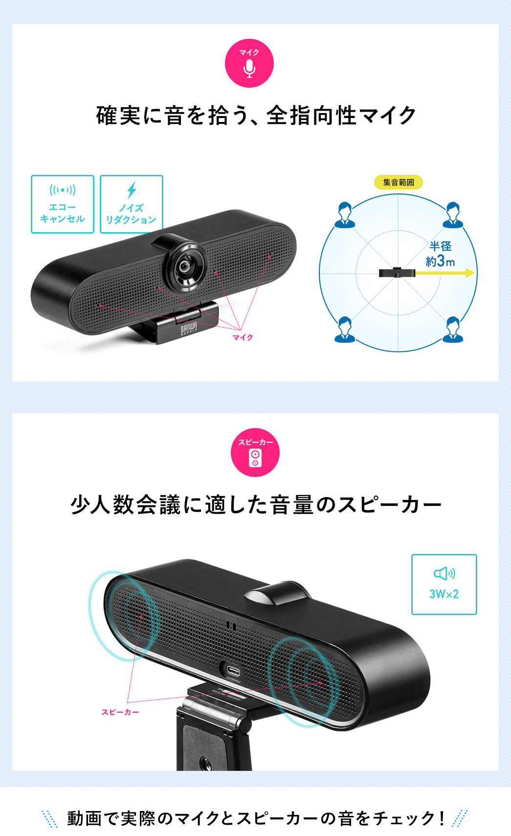 確実に音を拾う、全指向性マイク　少人数会議に適した音量のスピーカー