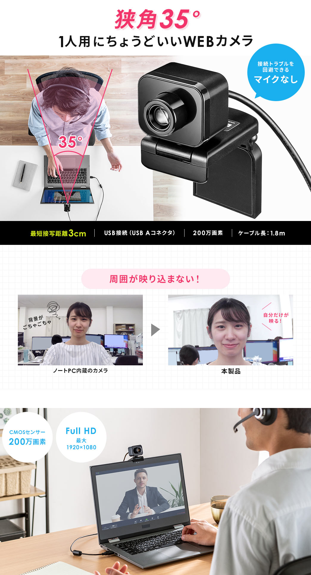 狭角35° 1人用にちょうどいいWEBカメラ 周囲が映り込まない！