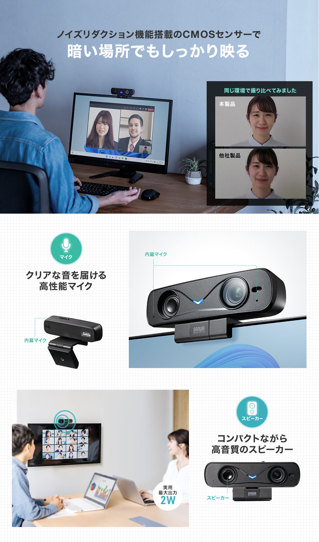 ノイズリダクション機能搭載のCMOSセンサーで暗い場所でもしっかり映る クリアな音を届ける高性能マイク コンパクトながら高音質のスピーカー