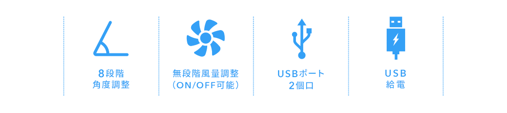 8段階角度調整 無段階風量調整 USBポート2個口 USB給電