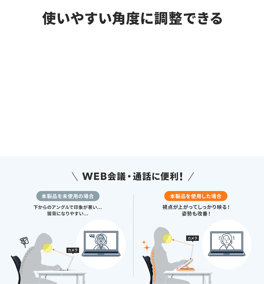 使いやすい角度に調整できる WEB会議・通話に便利！